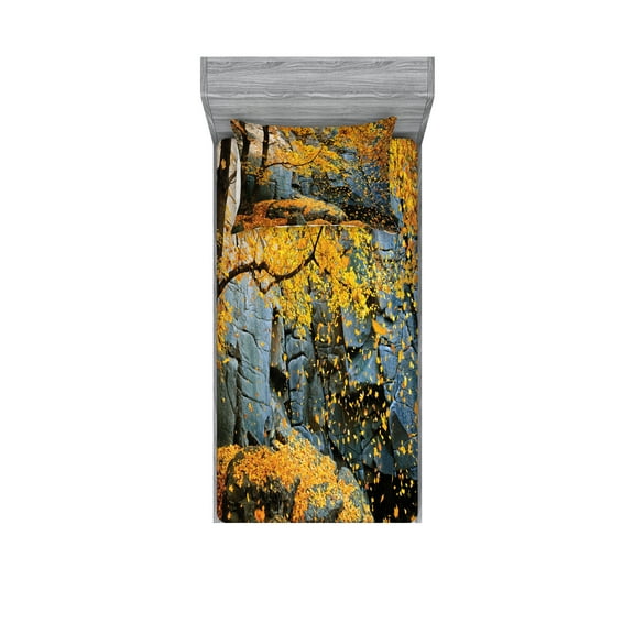 Ambesonne Tree Fitted Sheet & Pillow Sham Set, Maple Falling Leaves, Twin, Grey Orange