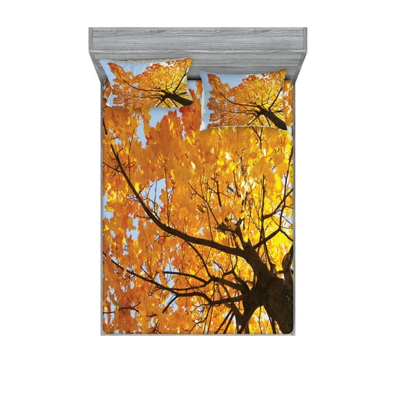 Ambesonne Tree Fitted Sheet & Pillow Sham Set, Maple Leaves Fall Autumn, Queen, Orange Blue