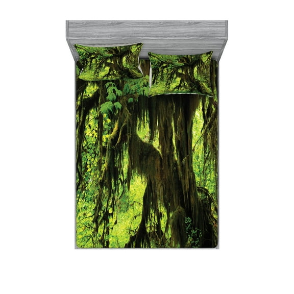 Ambesonne Tree Fitted Sheet & Pillow Sham Set, Moss Jungle Wildlife, Queen, Green Brown