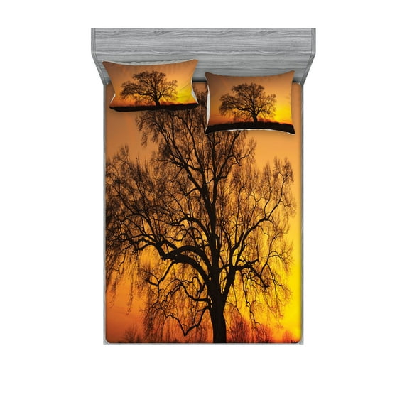 Ambesonne Tree Fitted Sheet & Pillow Sham Set, Old Oak at Sunset View, Full, Orange Brown