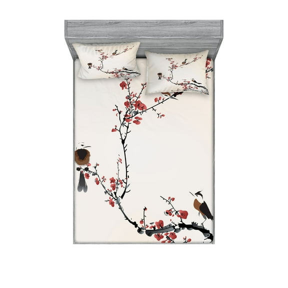 Ambesonne Tree Fitted Sheet & Pillow Sham Set, Oriental Illustration, Full, Pale Caramel Ruby