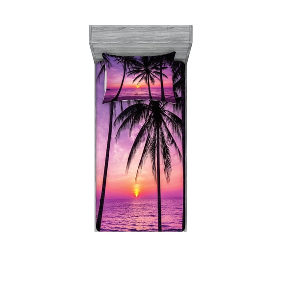 Ambesonne Tree Fitted Sheet & Pillow Sham Set, Palms Silhouette Purple, Twinxl, Purple Black