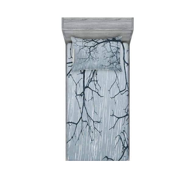 Ambesonne Tree Fitted Sheet & Pillow Sham Set, Rainy Day Winter Branches, Twinxl, Grey