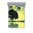 thumbnail image 1 of Ambesonne Tree Fitted Sheet & Pillow Sham Set, Reflections on Water Sun, Full, Yellow Green, 1 of 2