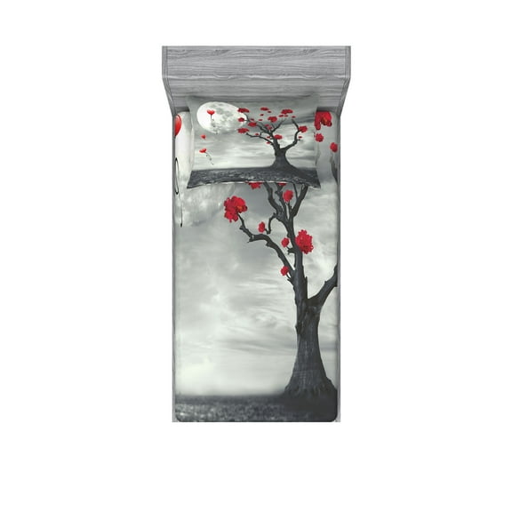 Ambesonne Tree Fitted Sheet & Pillow Sham Set, Romantic Full Moon Night, Twin, Grey Vermilion and White