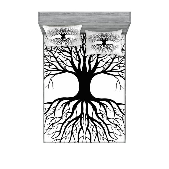 Ambesonne Tree Fitted Sheet & Pillow Sham Set, Roots Branch Leafless, Full, Black White