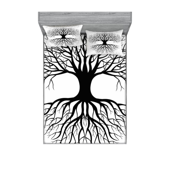 Ambesonne Tree Fitted Sheet & Pillow Sham Set, Roots Branch Leafless, Queen, Black White