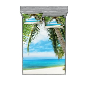 Ambesonne Tree Fitted Sheet & Pillow Sham Set, Shadow Shade of Palms, Queen, Pale Green Pale Blue