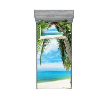 Ambesonne Tree Fitted Sheet & Pillow Sham Set, Shadow Shade of Palms, Twin, Pale Green Pale Blue