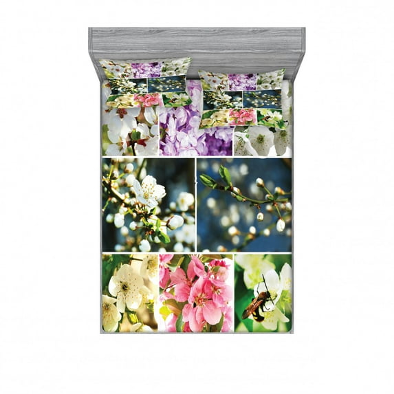 Ambesonne Tree Fitted Sheet & Pillow Sham Set, Spring Scenery Collage, Queen, Multicolor
