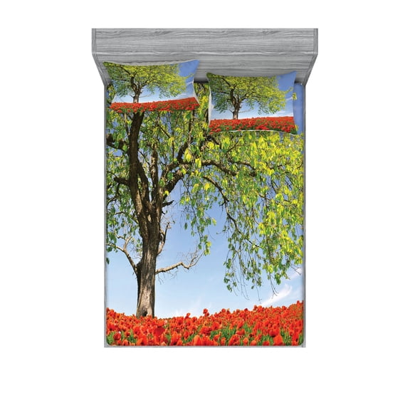 Ambesonne Tree Fitted Sheet & Pillow Sham Set, Spring Scenery Flowers, Queen, Green Red Blue