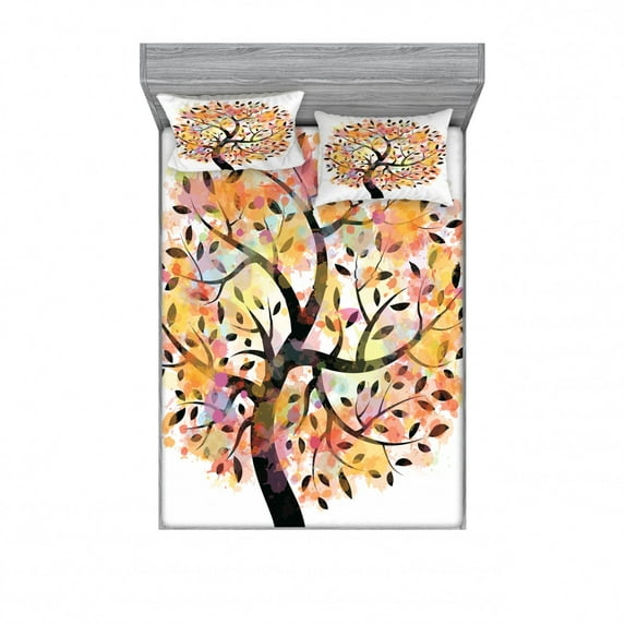 Ambesonne Tree Fitted Sheet & Pillow Sham Set, Spring Season Tree Leaves, Queen, Multicolor