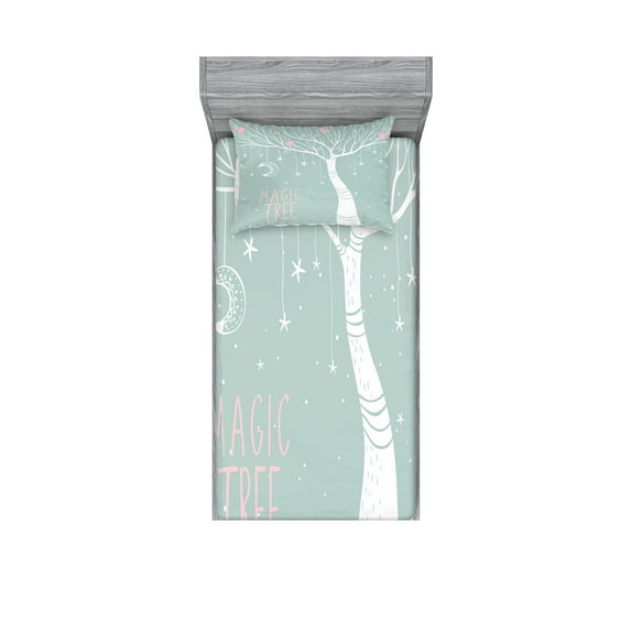 Ambesonne Tree Fitted Sheet & Pillow Sham Set, Stars Moon Pastel Colored, Twin, Almond Green White