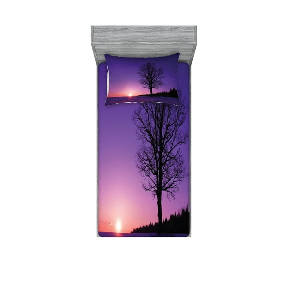 Ambesonne Tree Fitted Sheet & Pillow Sham Set, Sunset Nature Landscape, Twinxl, Purple Black