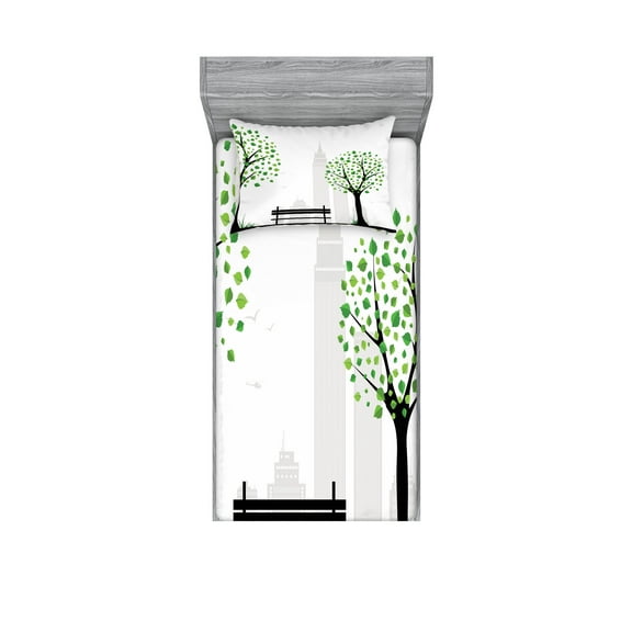 Ambesonne Tree Fitted Sheet & Pillow Sham Set, Urban and Rural Harmony, Twinxl, Green Black