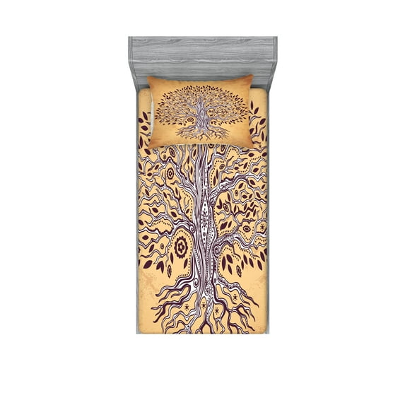 Ambesonne Tree Fitted Sheet & Pillow Sham Set, Vintage Swirls, Twinxl, Cream Brown