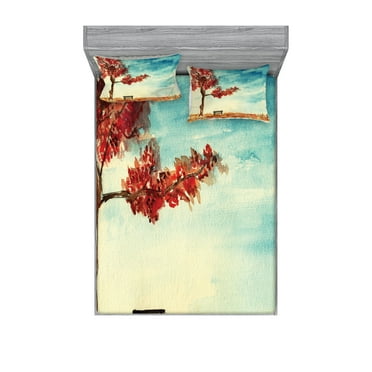 Ambesonne Tree Fitted Sheet & Pillow Sham Set, Watercolor Art Bench, Queen, Orange Blue