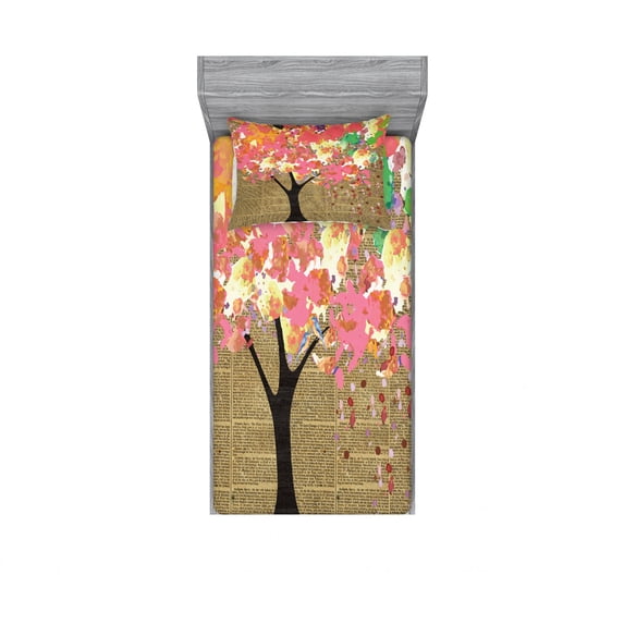 Ambesonne Tree Fitted Sheet & Pillow Sham Set, Watercolor on Retro Newspaper, Twinxl, Multicolor
