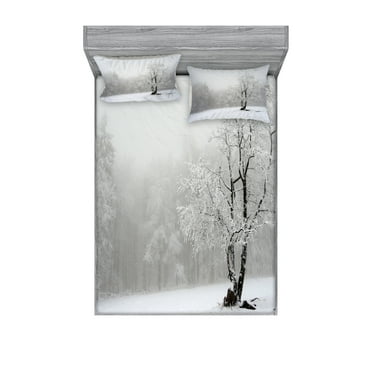 Ambesonne Tree Fitted Sheet & Pillow Sham Set, Winter Snowy Forest Cold, Queen, White Black