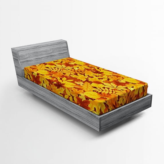 Ambesonne Tree Fitted Sheet, Shady Fall Oak Maple Leaf, Twin Size, Earth Yellow Marigold