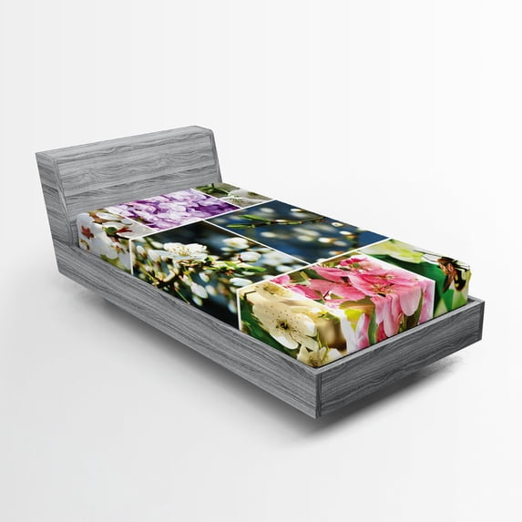 Ambesonne Tree Fitted Sheet, Spring Scenery Collage, Twin Size, Multicolor
