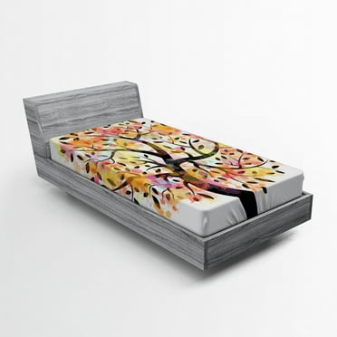 Ambesonne Tree Fitted Sheet, Spring Season Tree Leaves, Twin XL Size, Multicolor