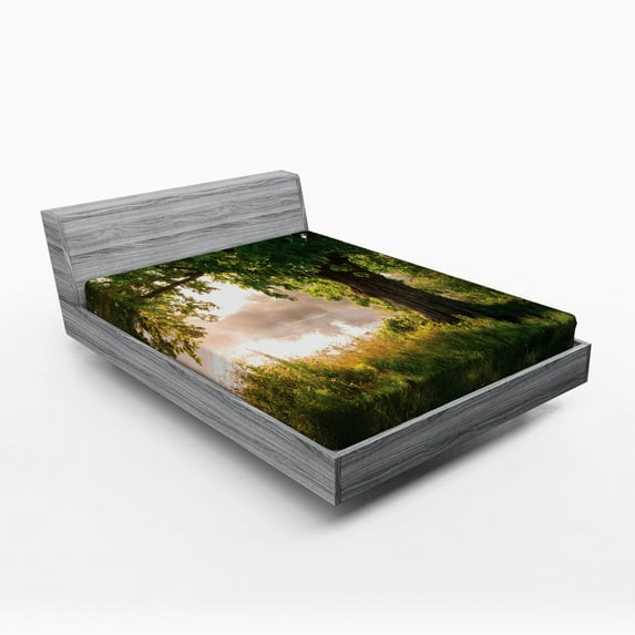 Ambesonne Tree Fitted Sheet, Stream Foggy Scene, Queen Size, Brown Green Dust