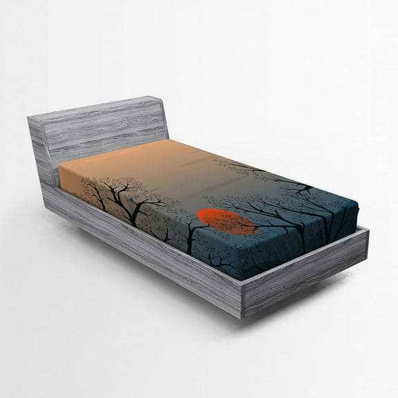 Ambesonne Tree Fitted Sheet, Sunrise Branches Misty Sky, Twin Size, Slate Blue Orange Peach