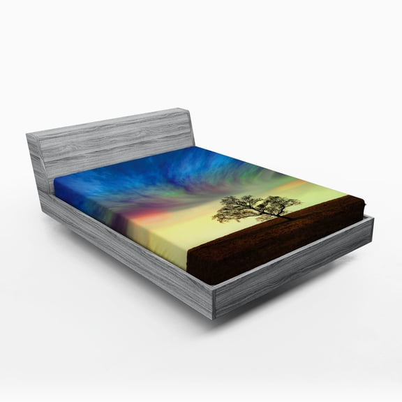Ambesonne Tree Fitted Sheet, Surreal Sky Field Ombre, Full Size, Blue Lime Brown