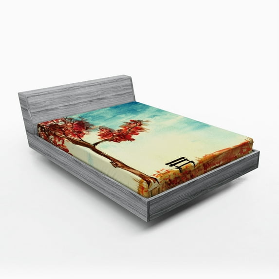 Ambesonne Tree Fitted Sheet, Watercolor Art Bench, Queen Size, Orange Blue