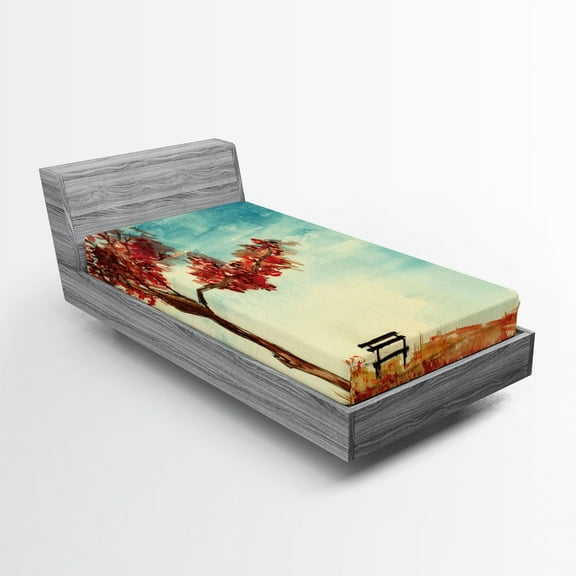Ambesonne Tree Fitted Sheet, Watercolor Art Bench, Twin Size, Orange Blue