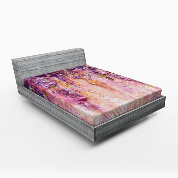 Ambesonne Tree Fitted Sheet, Watercolor Wisteria Blooms, Full Size, Violet Purple Pink