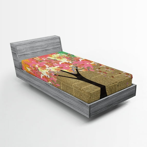 Ambesonne Tree Fitted Sheet, Watercolor on Retro Newspaper, Twin XL Size, Multicolor