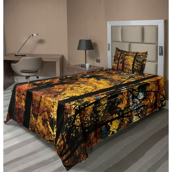 Ambesonne Tree Fitted & Top Sheet Set with Sham, Fall Tranquil Countryside, Dark Brown Orange Yellow