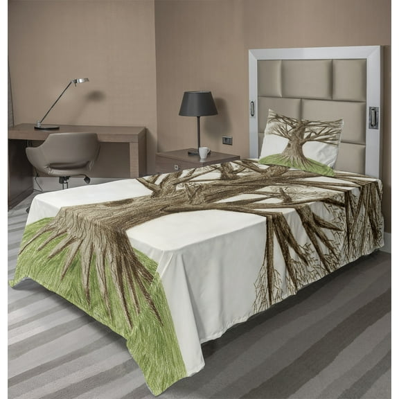 Ambesonne Tree Fitted & Top Sheet Set with Sham, Sketch Nature, Green Brown