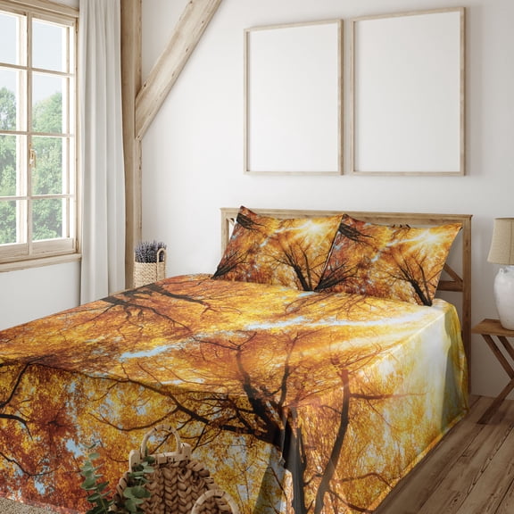 Ambesonne Tree Fitted & Top Sheet Set with Shams, Autumn Sunbeams Forest, Orange Yellow Dark Brown