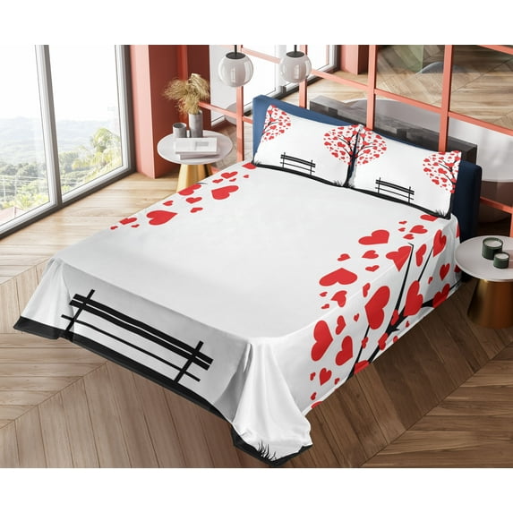 Ambesonne Tree Fitted & Top Sheet Set with Shams, Heart Romance Love Art, Black Red White