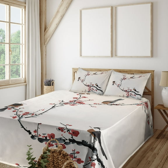 Ambesonne Tree Fitted & Top Sheet Set with Shams, Oriental Illustration, Pale Caramel Ruby