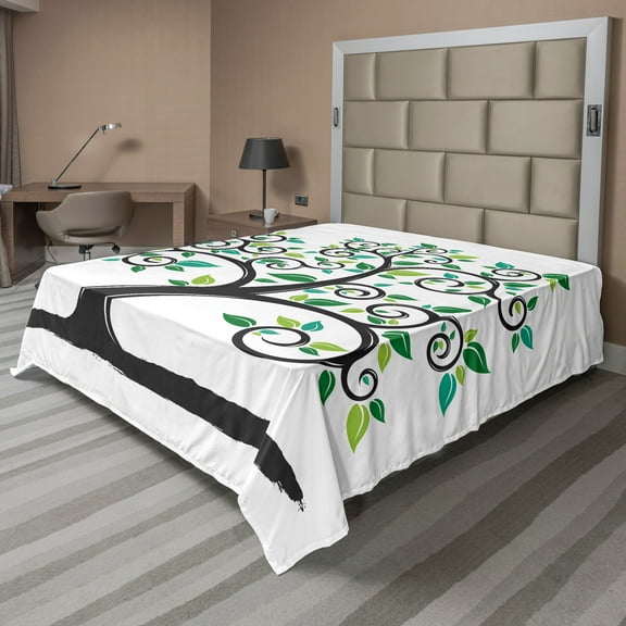 Ambesonne Tree Flat Sheet, Abstract Minimalist Nature, Full Size, Green Grey
