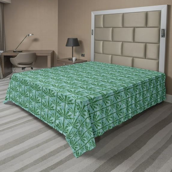 Ambesonne Tree Flat Sheet, Banana Leaves Exotic Pattern, California King, Jade Green Pale Teal