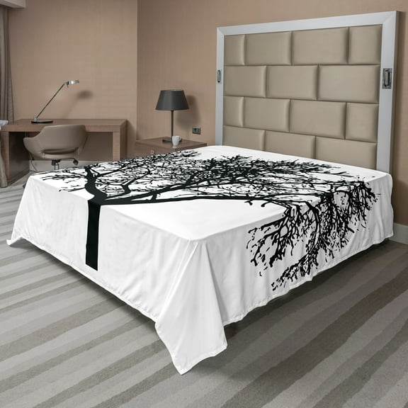 Ambesonne Tree Flat Sheet, Bare Branches Silhouette Art, California King, Charcoal Grey White