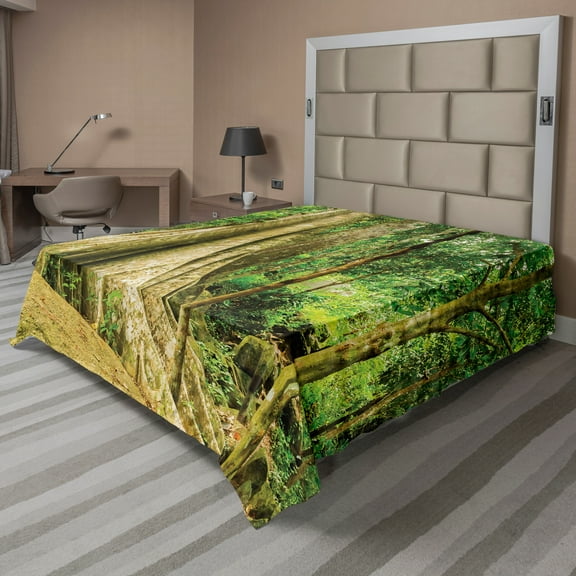 Ambesonne Tree Flat Sheet, Big Tree Trunk in the Forest, California King, Fern Green Pale Green