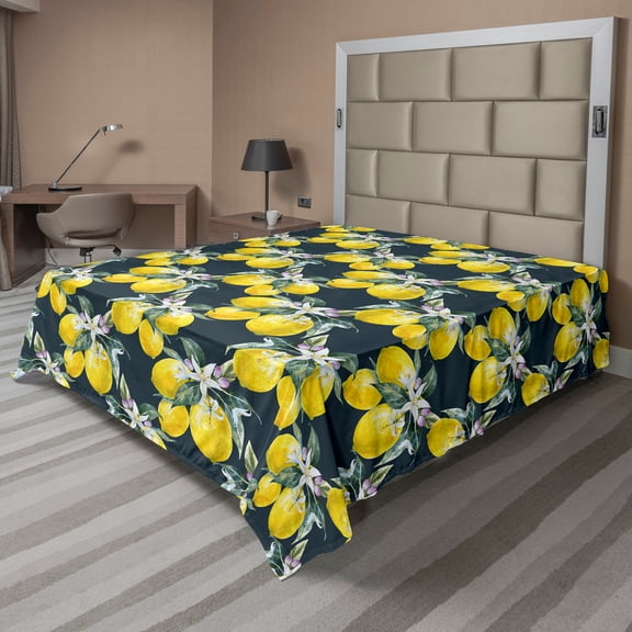 Ambesonne Tree Flat Sheet, Blooms Botany Evergreen, California King, Olive Green Yellow