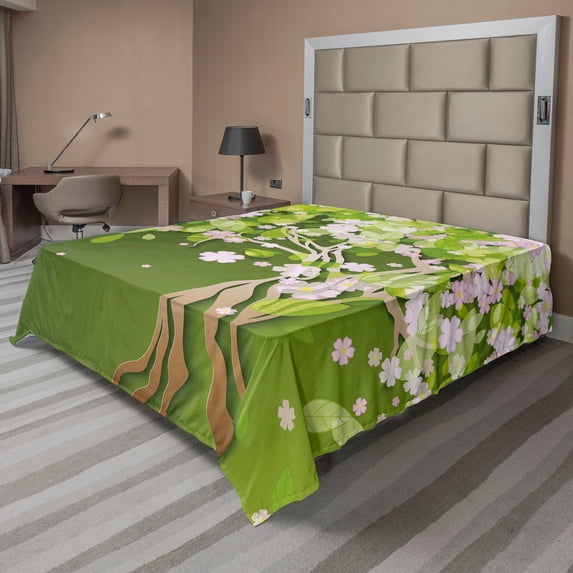 Ambesonne Tree Flat Sheet, Blossoming Petals Florets, Queen Size, Fern Green Pale Pink