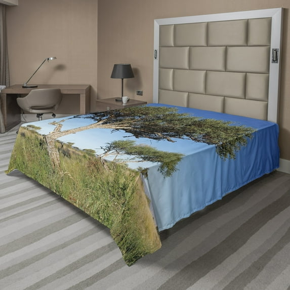 Ambesonne Tree Flat Sheet, Boscia Albitrunca in Grassland, California King, Azure Blue Tan