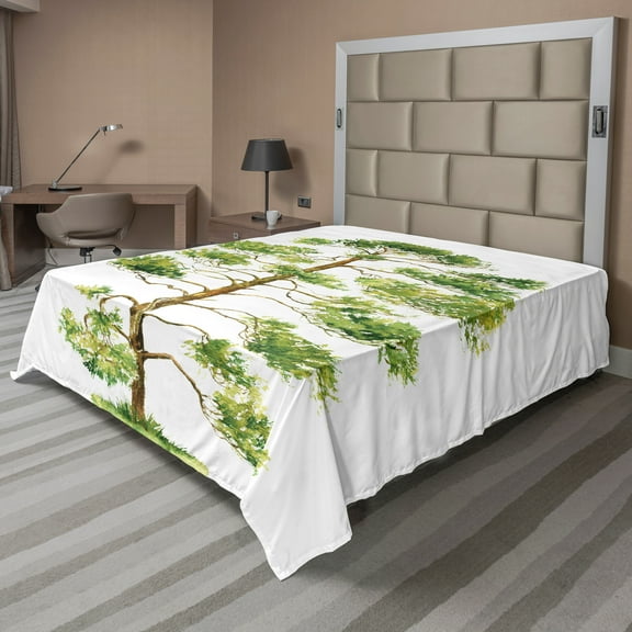 Ambesonne Tree Flat Sheet, Botanical Pine Silhouette, Full Size, Olive Green Apple Green