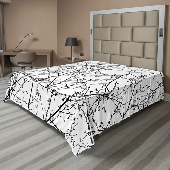 Ambesonne Tree Flat Sheet, Branches with Leaves Buds, Full Size, Black White