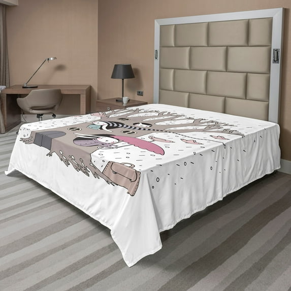 Ambesonne Tree Flat Sheet, Bunny Family Rain Birds, California King, Taupe Pale Pink