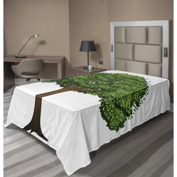 Ambesonne Tree Flat Sheet, Cartoonish Green Leafy Branch, Twin Size, Emerald Lime Green