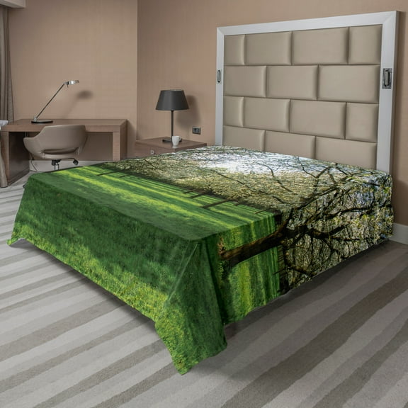 Ambesonne Tree Flat Sheet, Cherry Blossoms Spring Season, California King, Lime Green Dark Brown